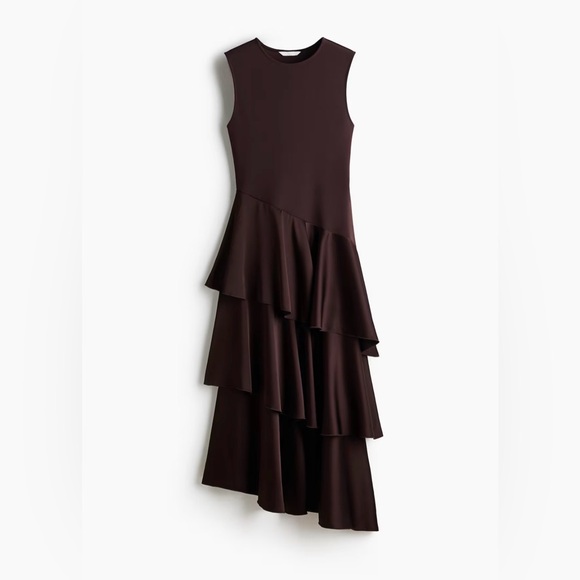 H&M Brown Ponte Dress Knit Top Layered Satin Frills  Size L NWT - Picture 3 of 5